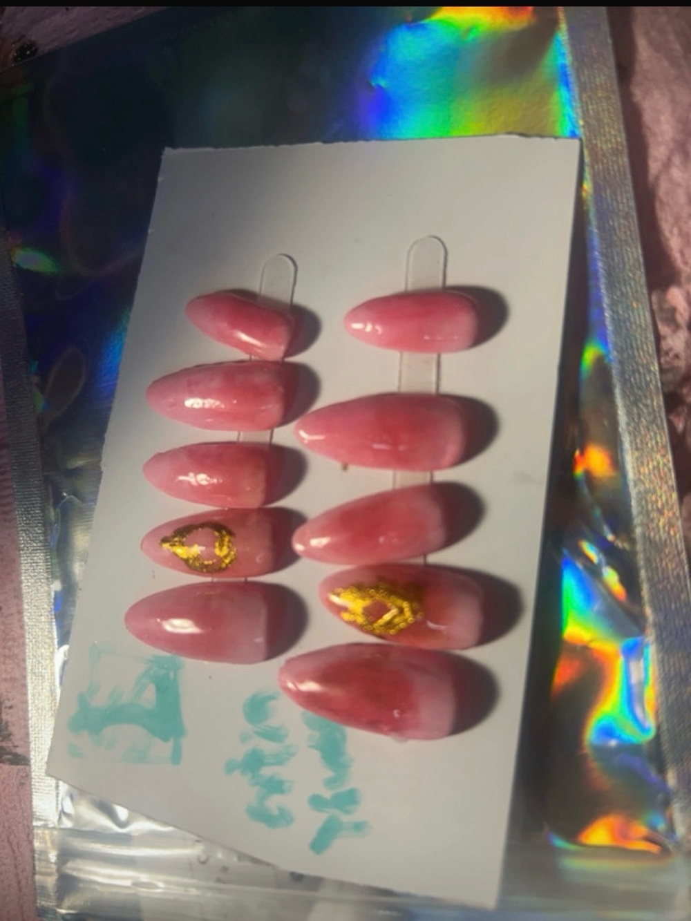 Pink Press-On Almond Nails with Gold Accent - Women Other